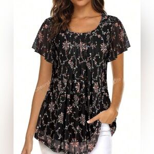 Double Layers Floral Short Sleeve Tunic Top